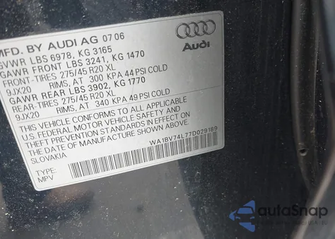 2007 Audi Q7 4.2 Premium from USA, damaged, VIN WA1BV74L77D029189